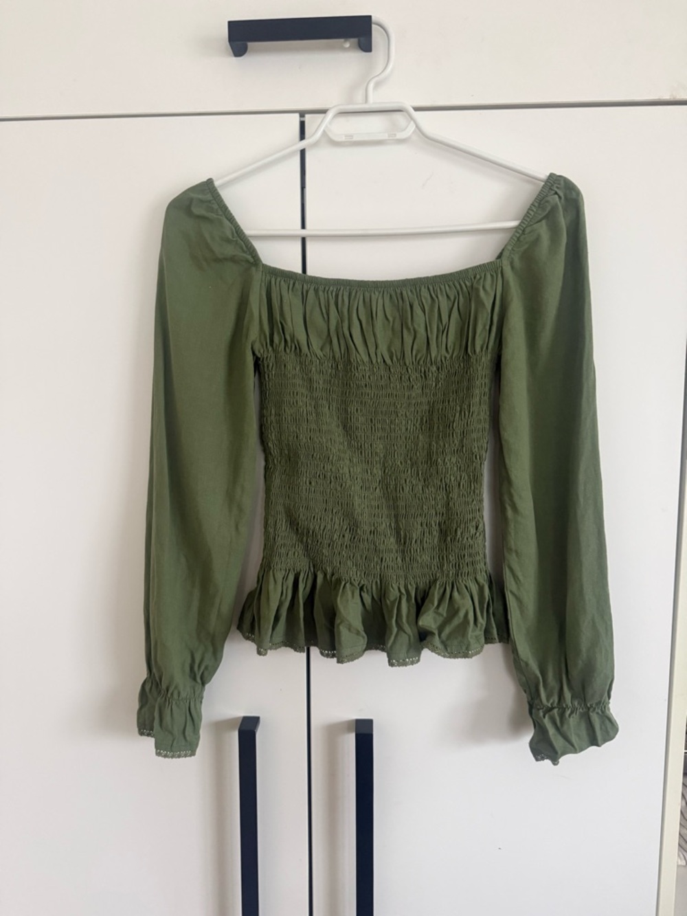 Olive Green Smocked Peasant Blouse with Ruffled Hem - Picture 2 of 3